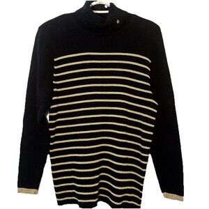 Lauren Ralph Lauren 1X Black Gold Metallic Stripe Ribbed Turtleneck Sweater Plus